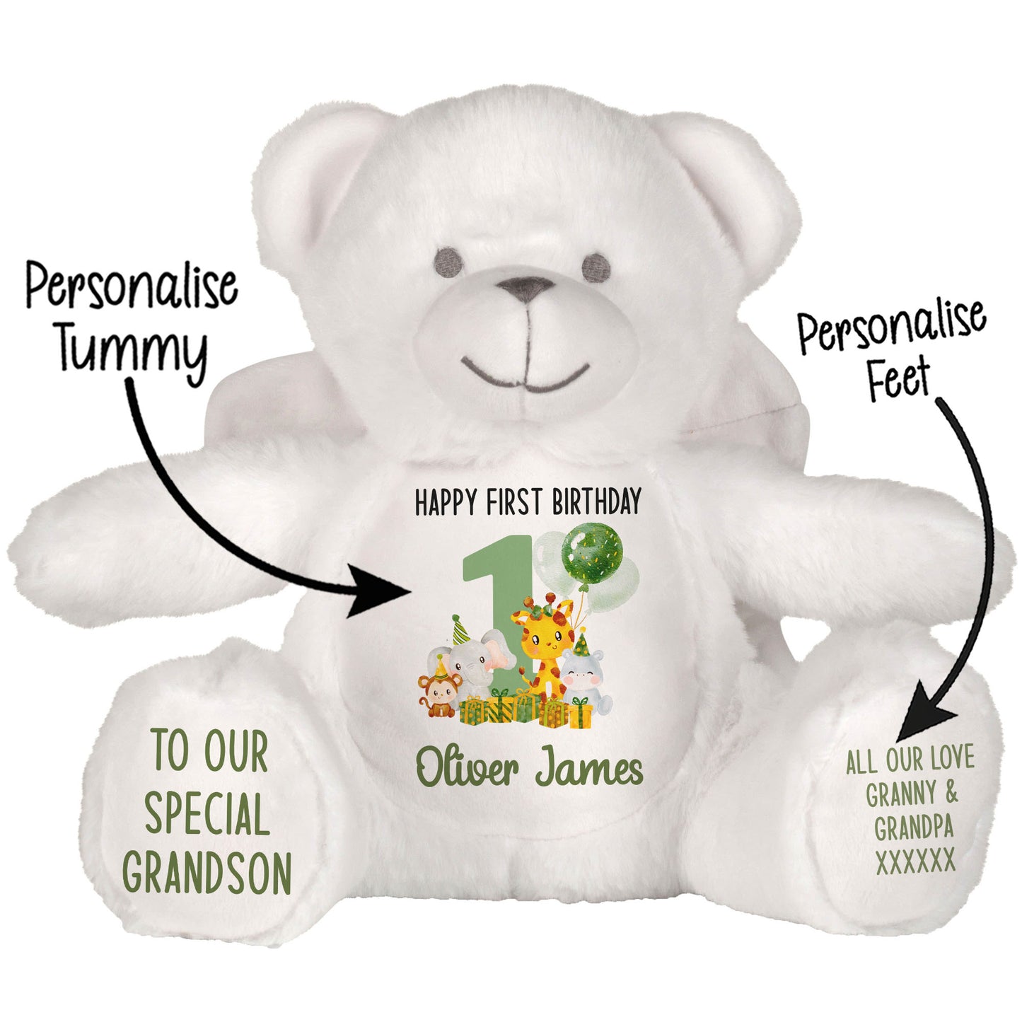 1st birthday green jungle party personalised teddy bear Angel STOCK-ANGEL