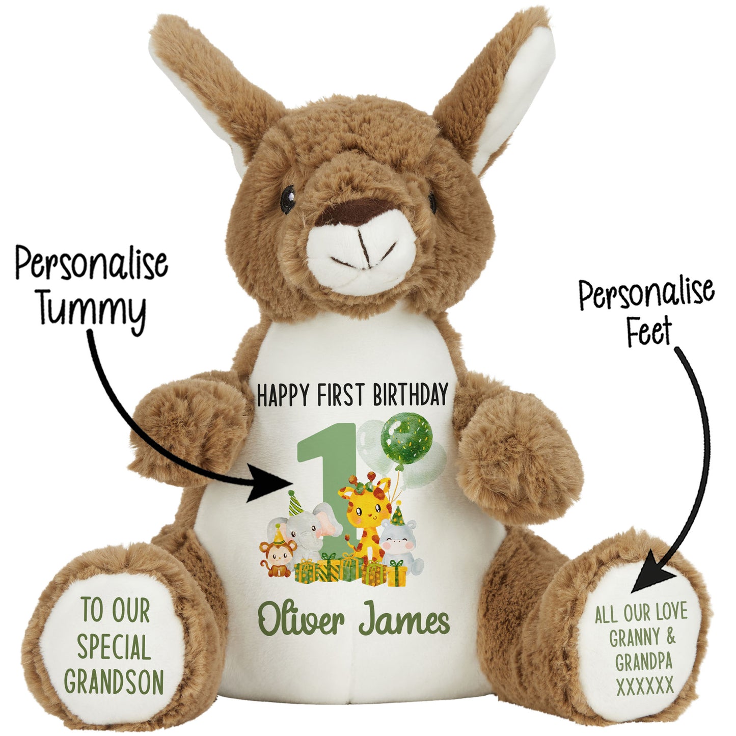 1st birthday green jungle party personalised teddy bear Kangaroo STOCK-KANGAROO