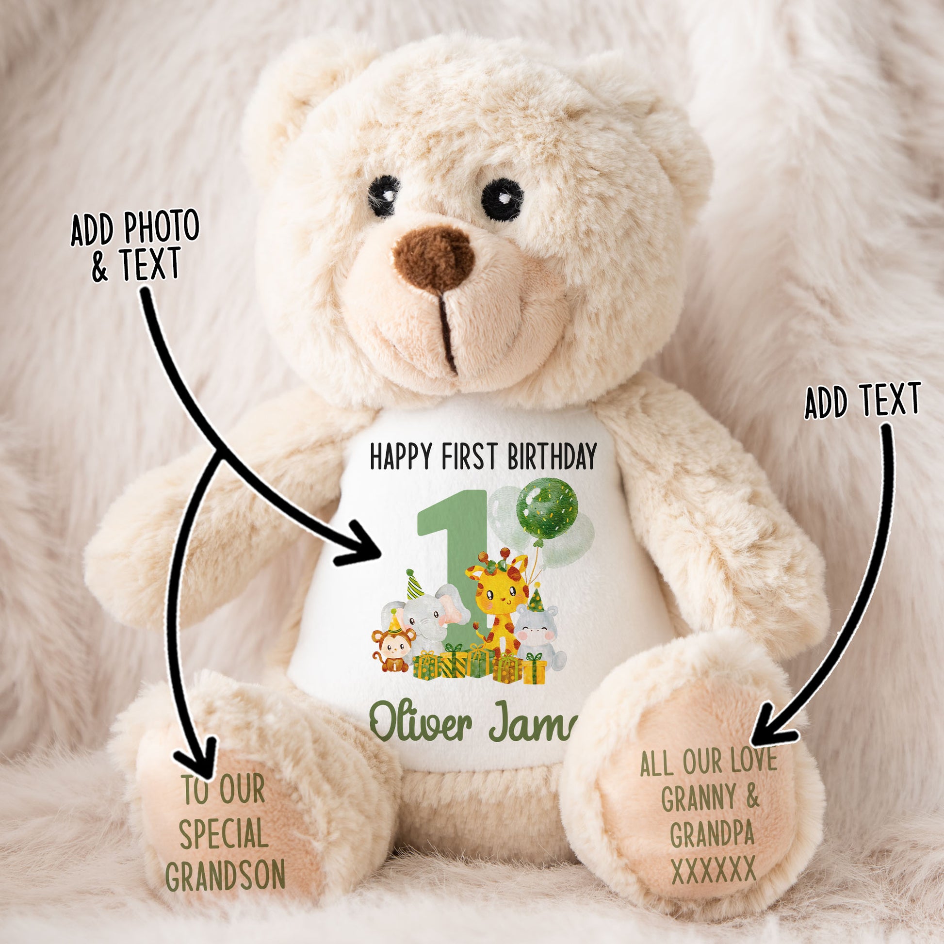 1st birthday green jungle party personalised teddy bear MAIN STOCK-CLASSIC-BROWN