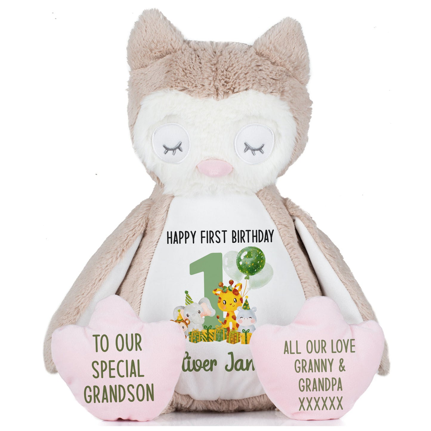 1st birthday green jungle party personalised teddy bear Owl