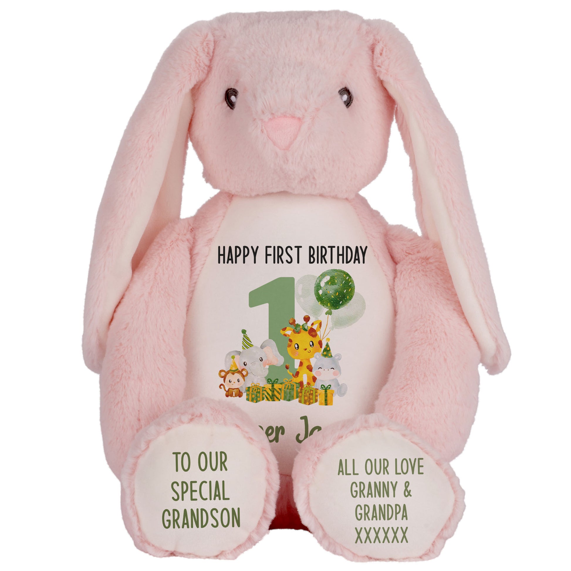1st birthday green jungle party personalised teddy bear Pink Bunny