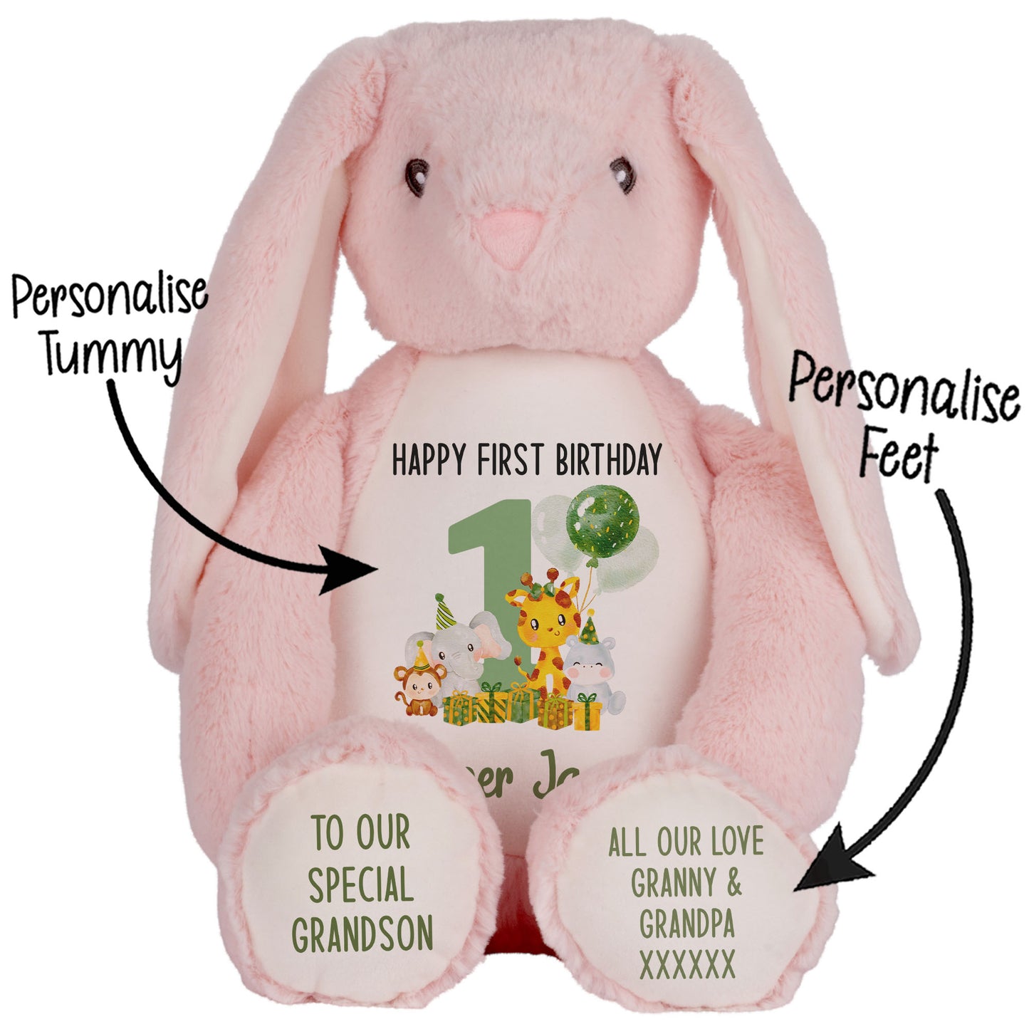 1st birthday green jungle party personalised teddy bear Pink Bunny STOCK-BUNNY-PINK