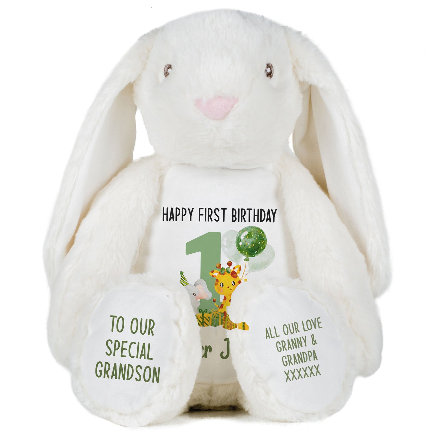 1st birthday green jungle party personalised teddy bear White Bunny