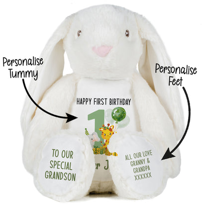 1st birthday green jungle party personalised teddy bear White Bunny STOCK-BUNNY-WHITE