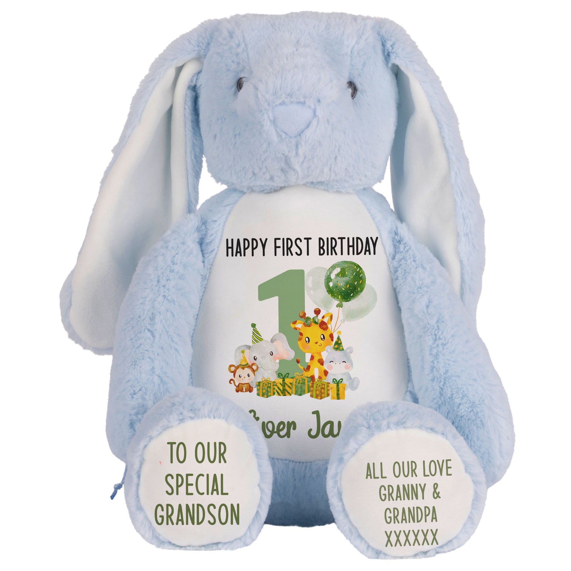 1st birthday green jungle party personalised teddy bear Blue Bunny