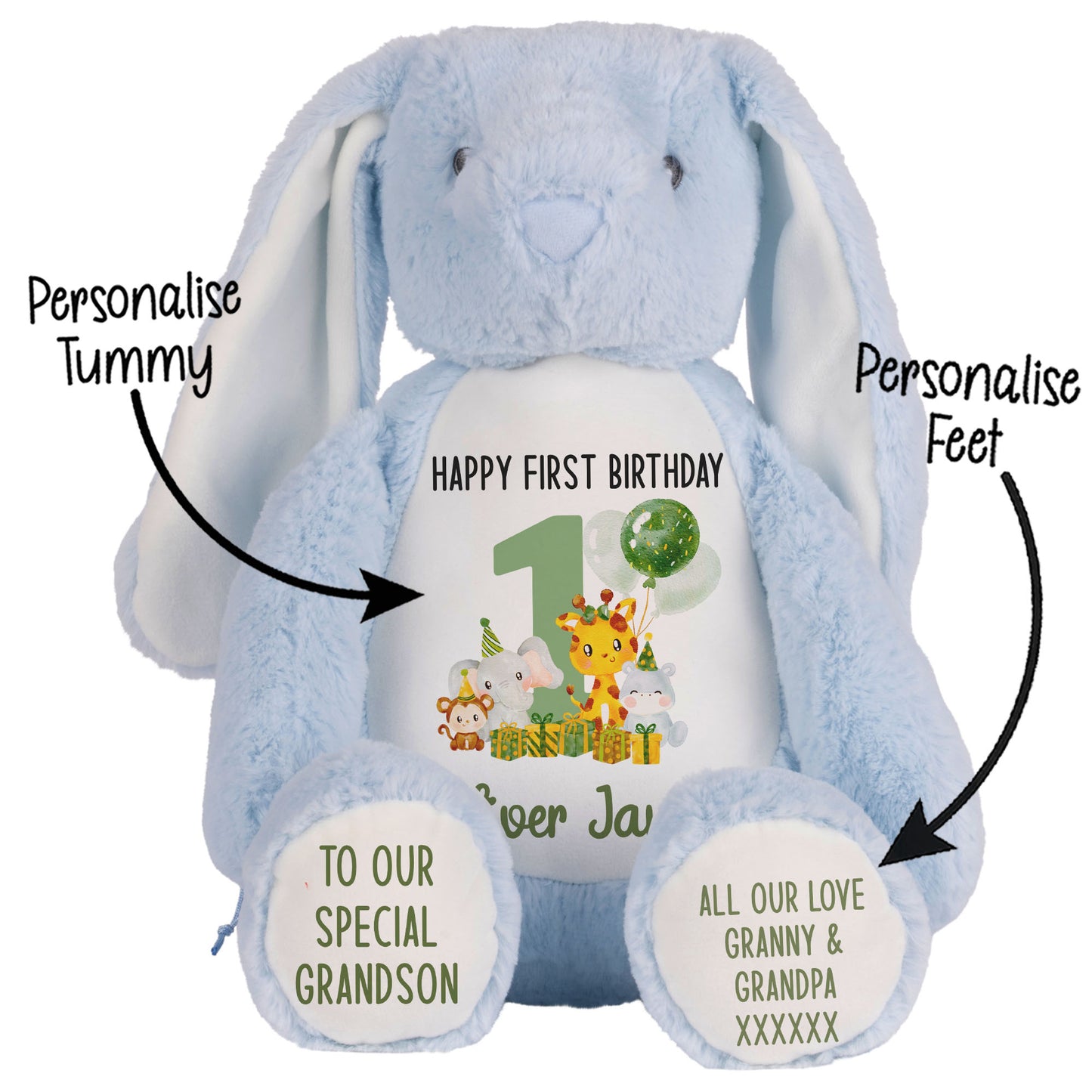 1st birthday green jungle party personalised teddy bear Blue Bunny STOCK-BUNNY-BLUE