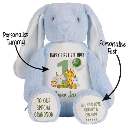 1st birthday green jungle party personalised teddy bear Blue Bunny STOCK-BUNNY-BLUE