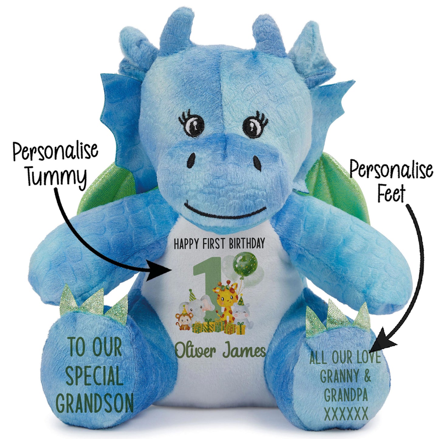 1st birthday green jungle party personalised teddy bear Dragon STOCK-DRAGON