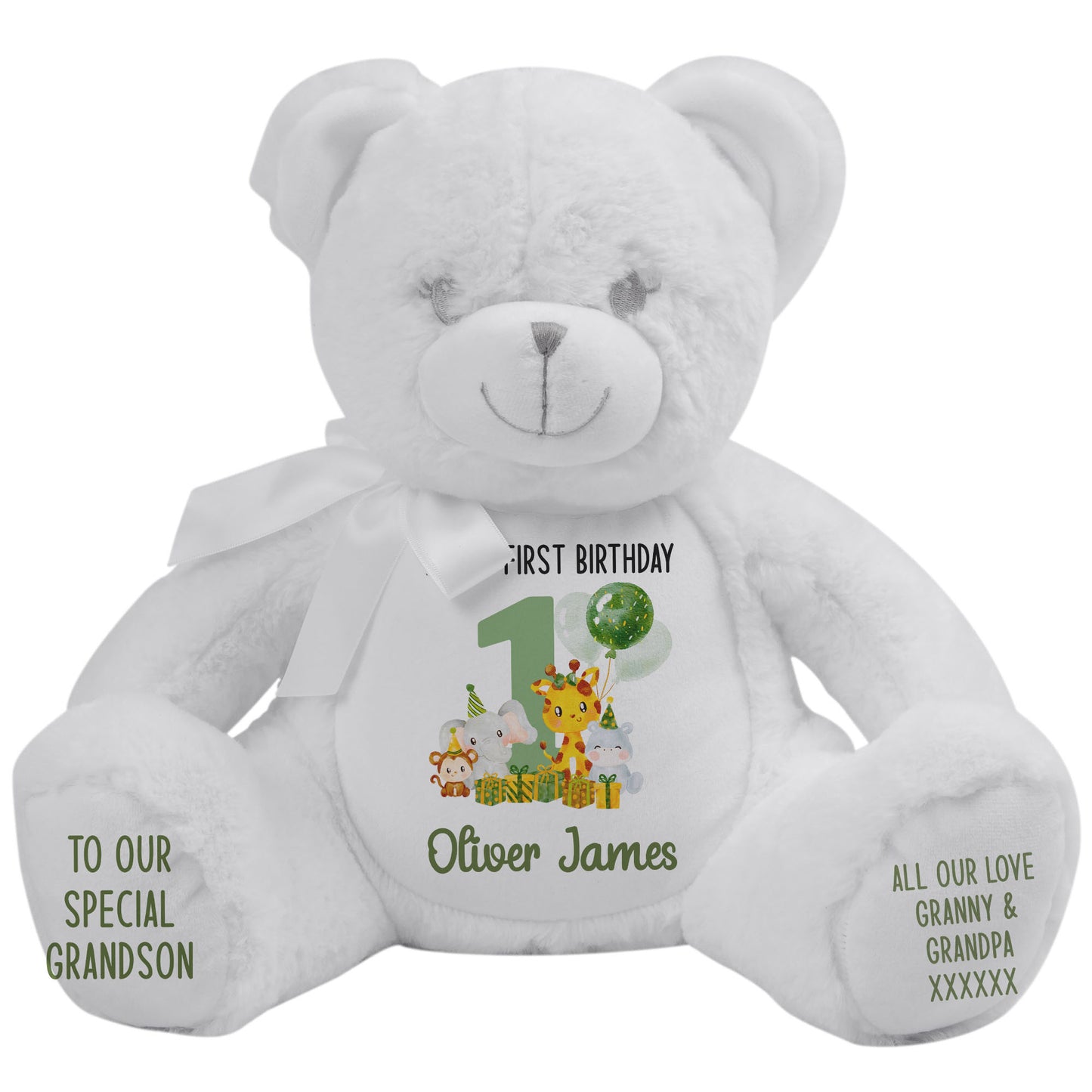 1st birthday green jungle party personalised teddy bear White Bear