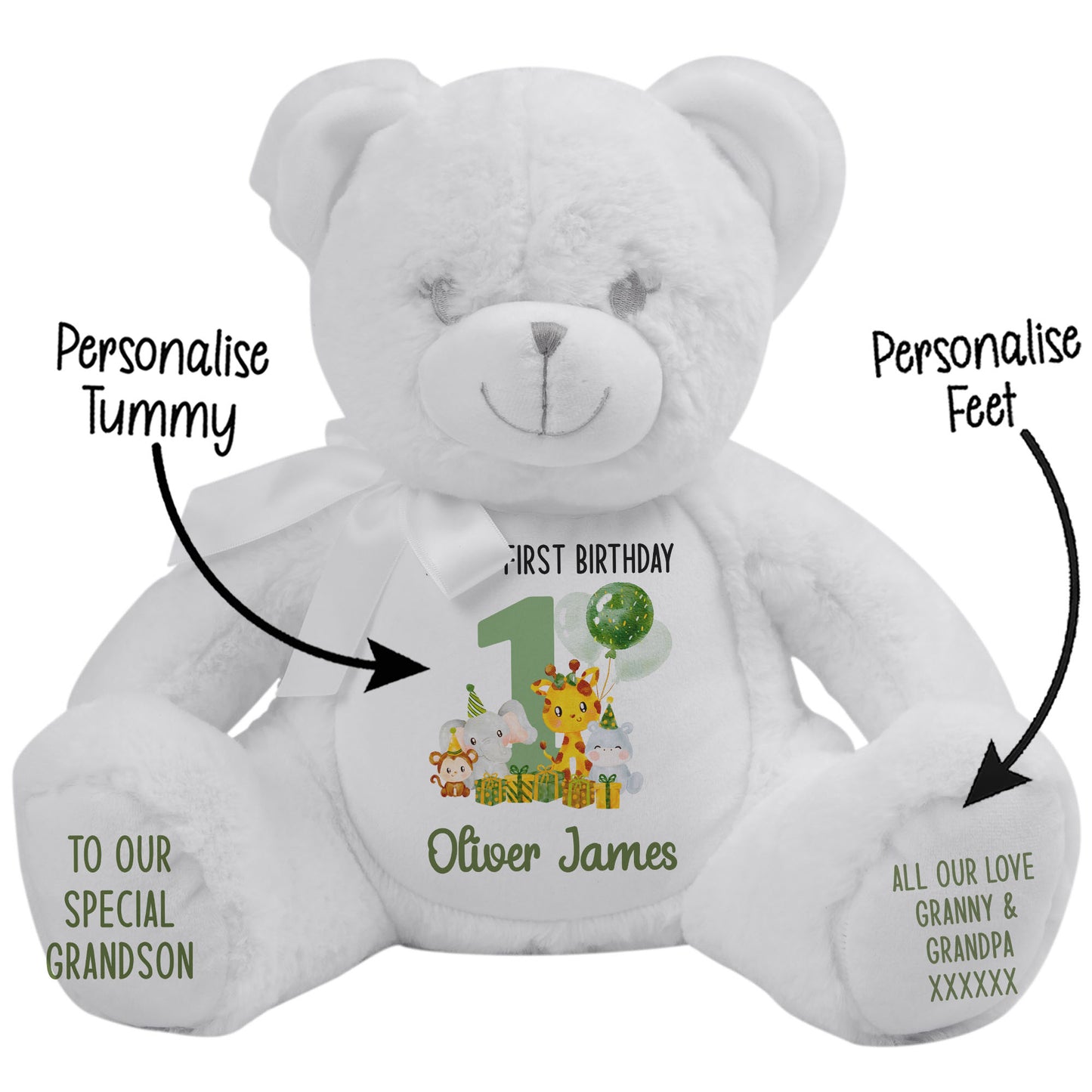 1st birthday green jungle party personalised teddy bear White Bear STOCK-WHITE