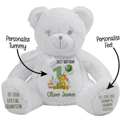 1st birthday green jungle party personalised teddy bear White Bear STOCK-WHITE