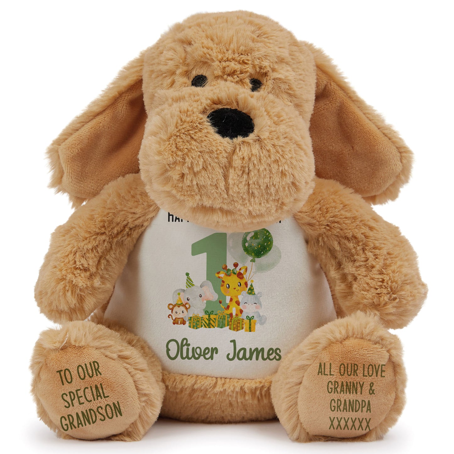 1st birthday green jungle party personalised teddy bear Dog