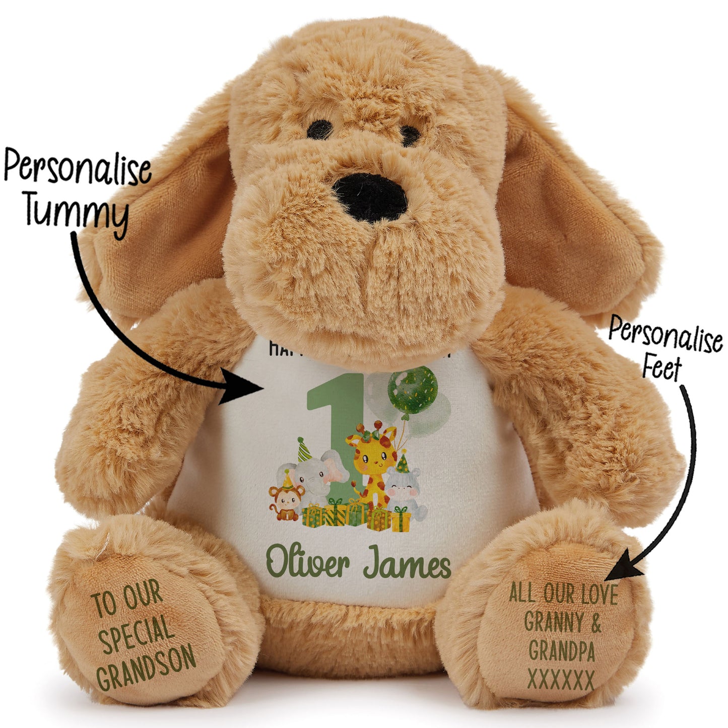 1st birthday green jungle party personalised teddy bear Dog STOCK-DOG