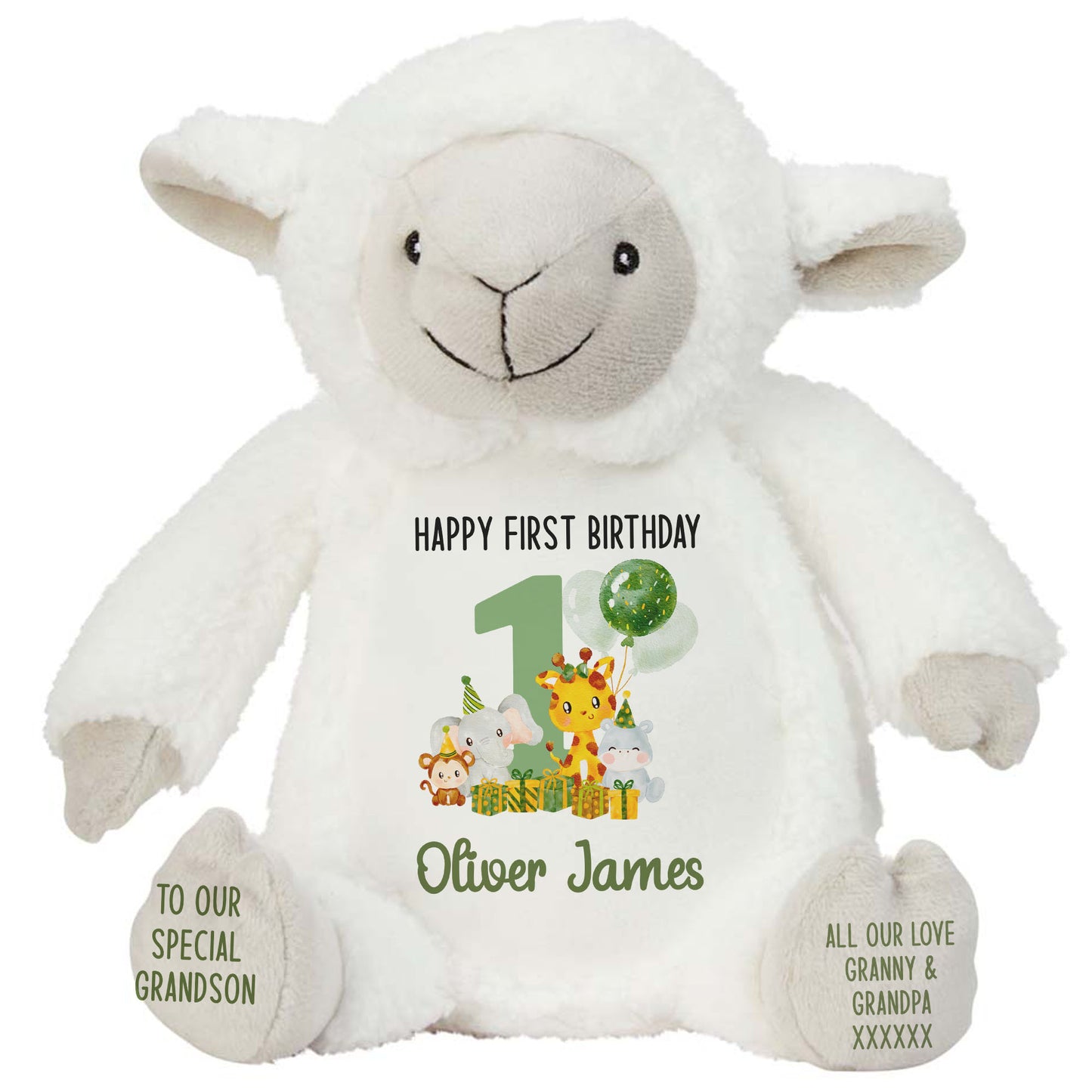 1st birthday green jungle party personalised teddy bear Lamb