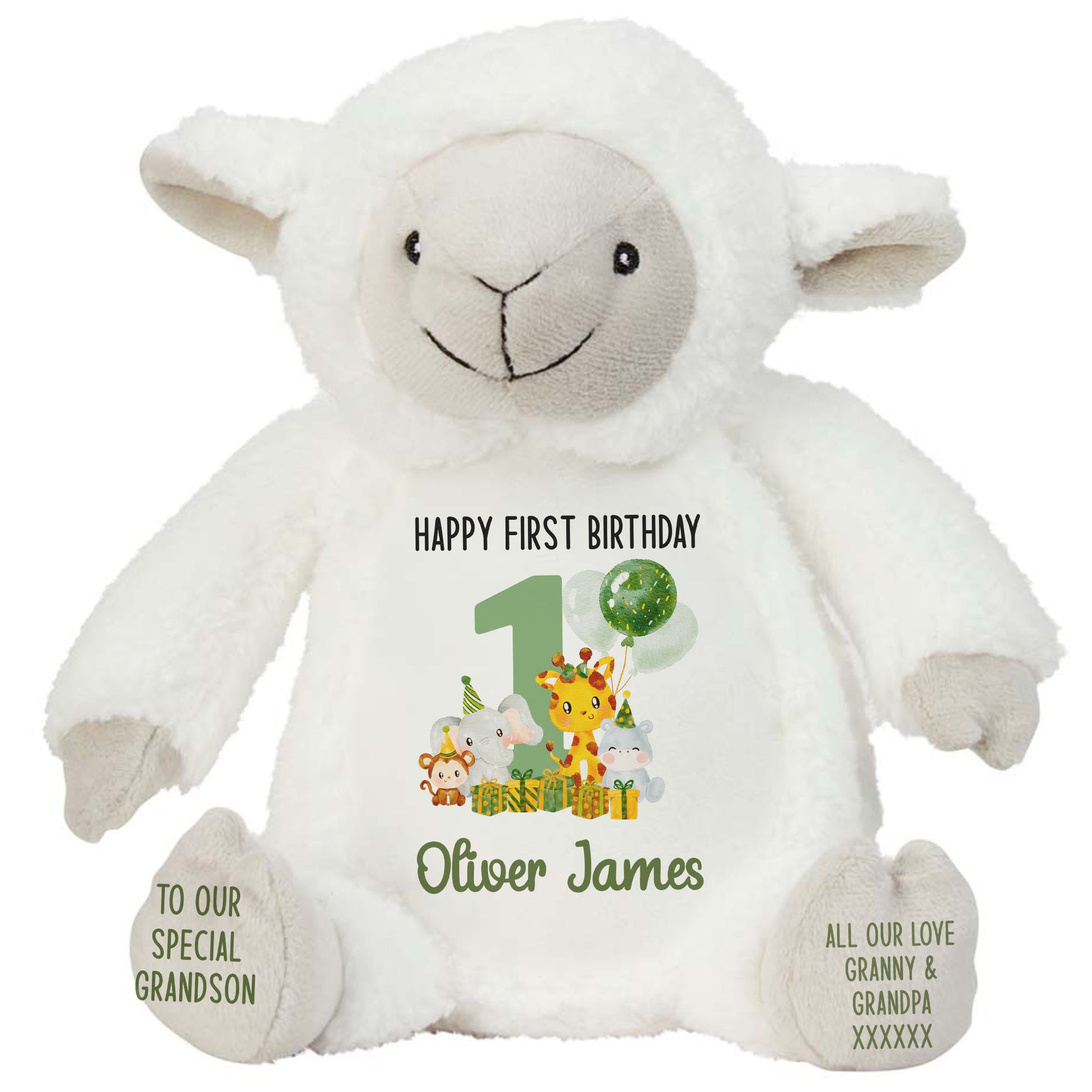 1st birthday green jungle party personalised teddy bear Lamb