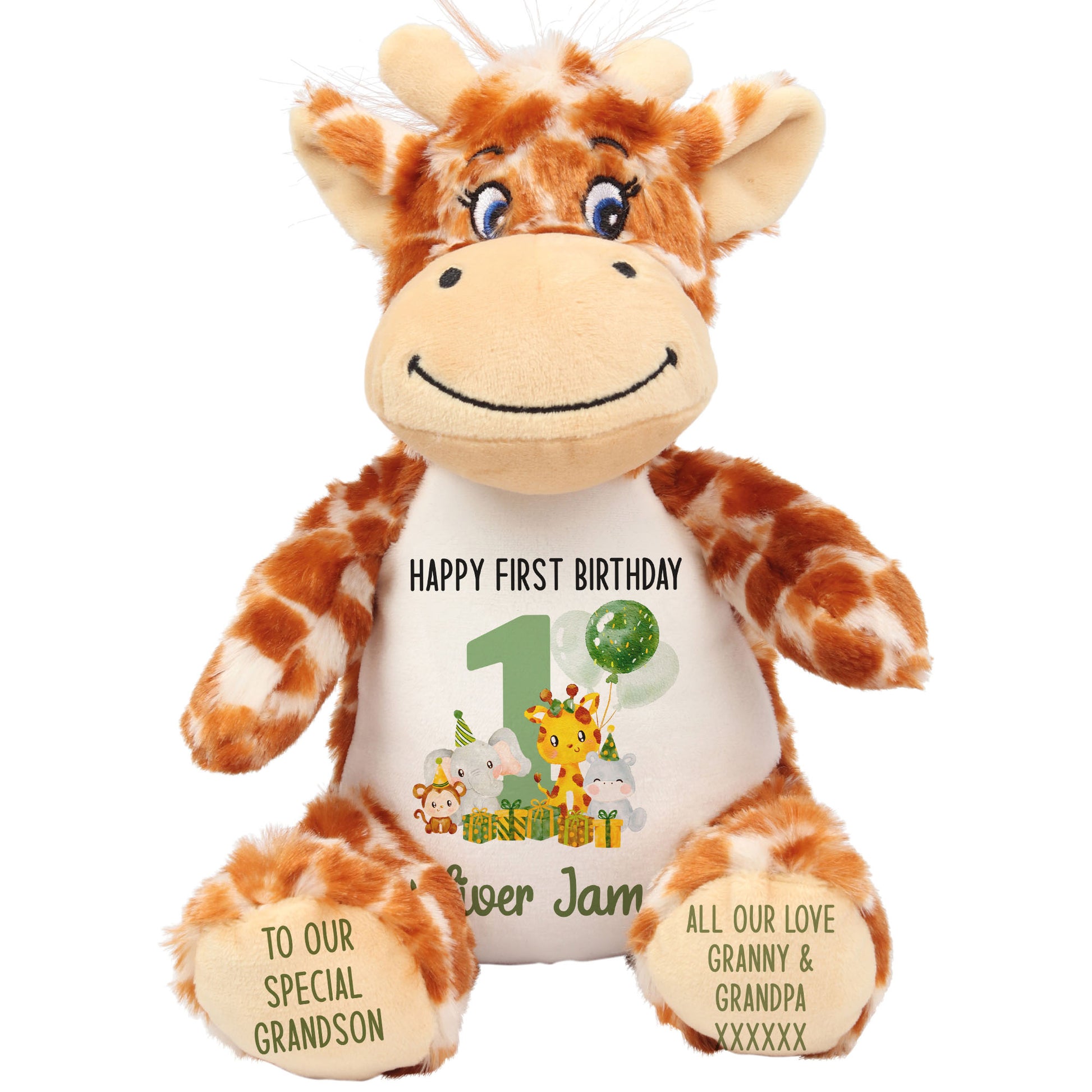 1st birthday green jungle party personalised teddy bear Giraffe