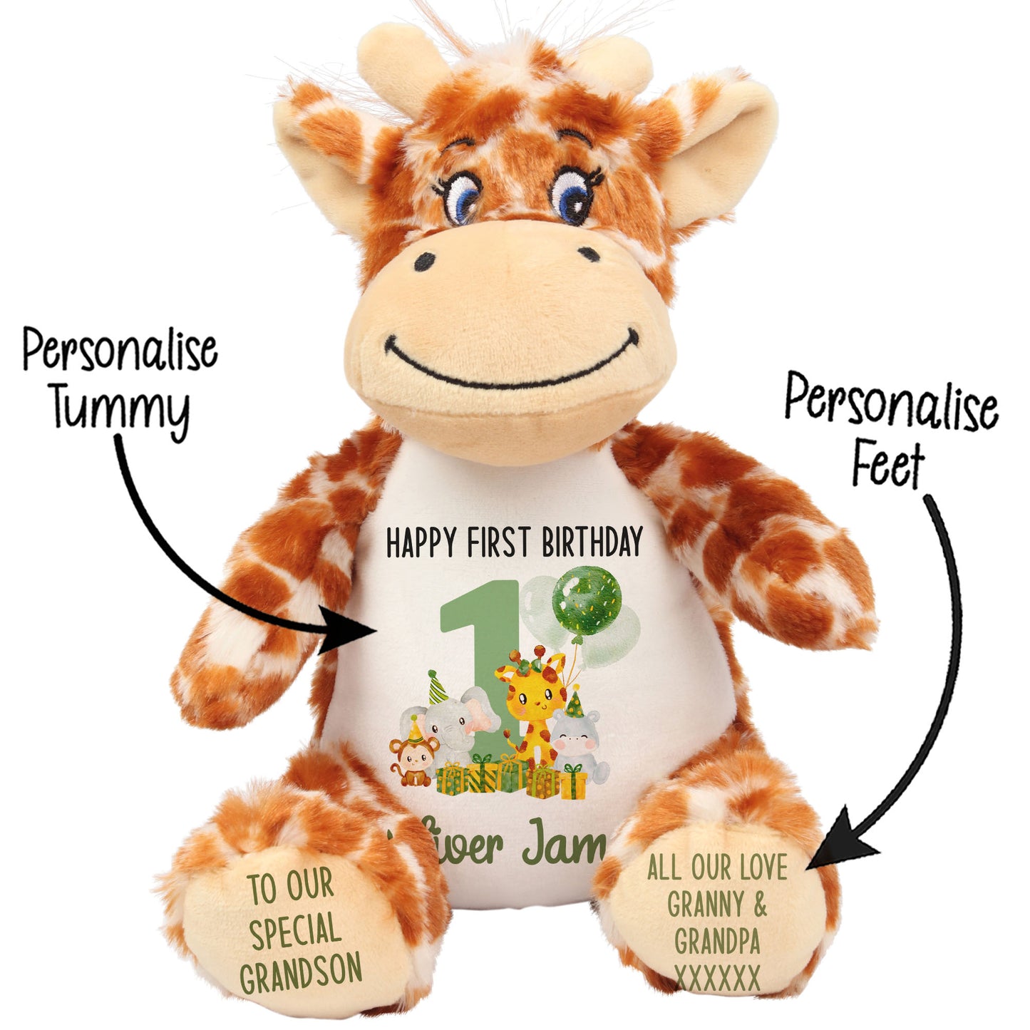 1st birthday green jungle party personalised teddy bear Giraffe STOCK-GIRAFFE
