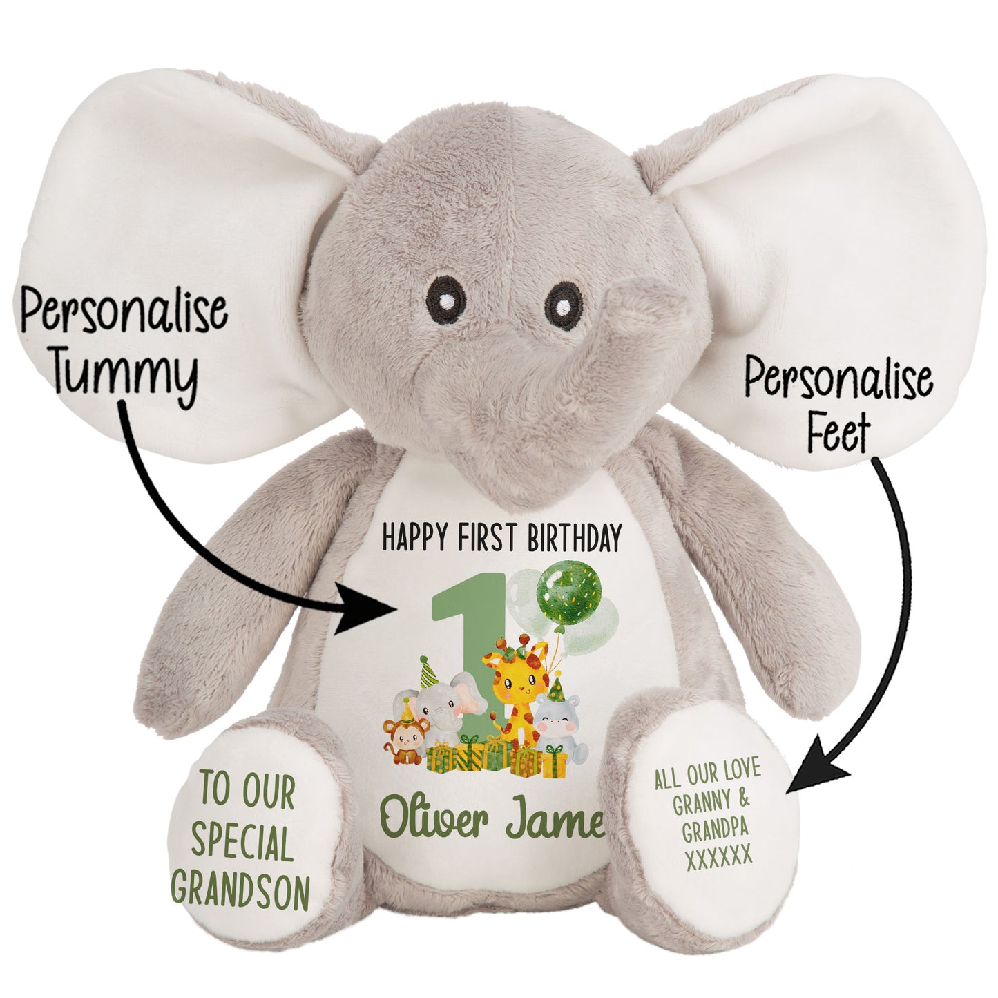 1st birthday green jungle party personalised teddy bear Elephant STOCK-ELEPHANT