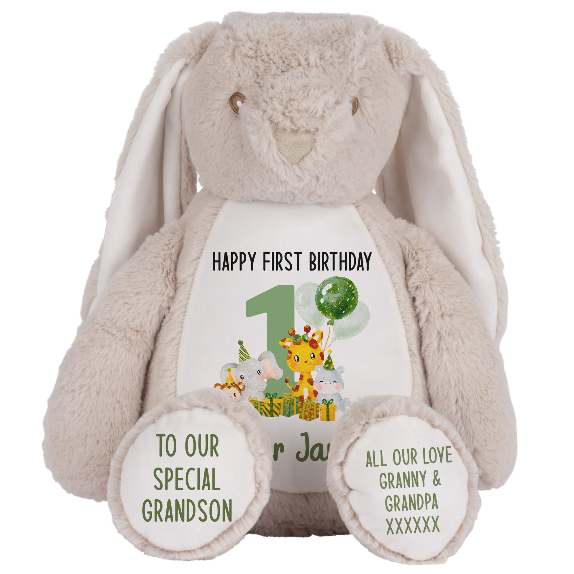 1st birthday green jungle party personalised teddy bear Brown Bunny