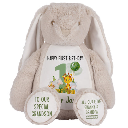 1st birthday green jungle party personalised teddy bear Brown Bunny