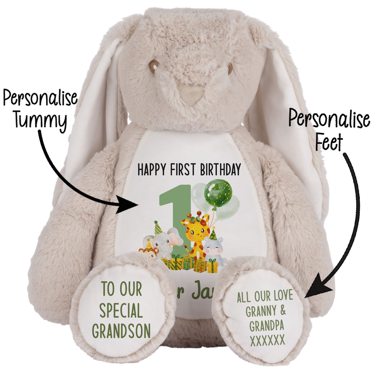1st birthday green jungle party personalised teddy bear Brown Bunny STOCK-BUNNY-BROWN
