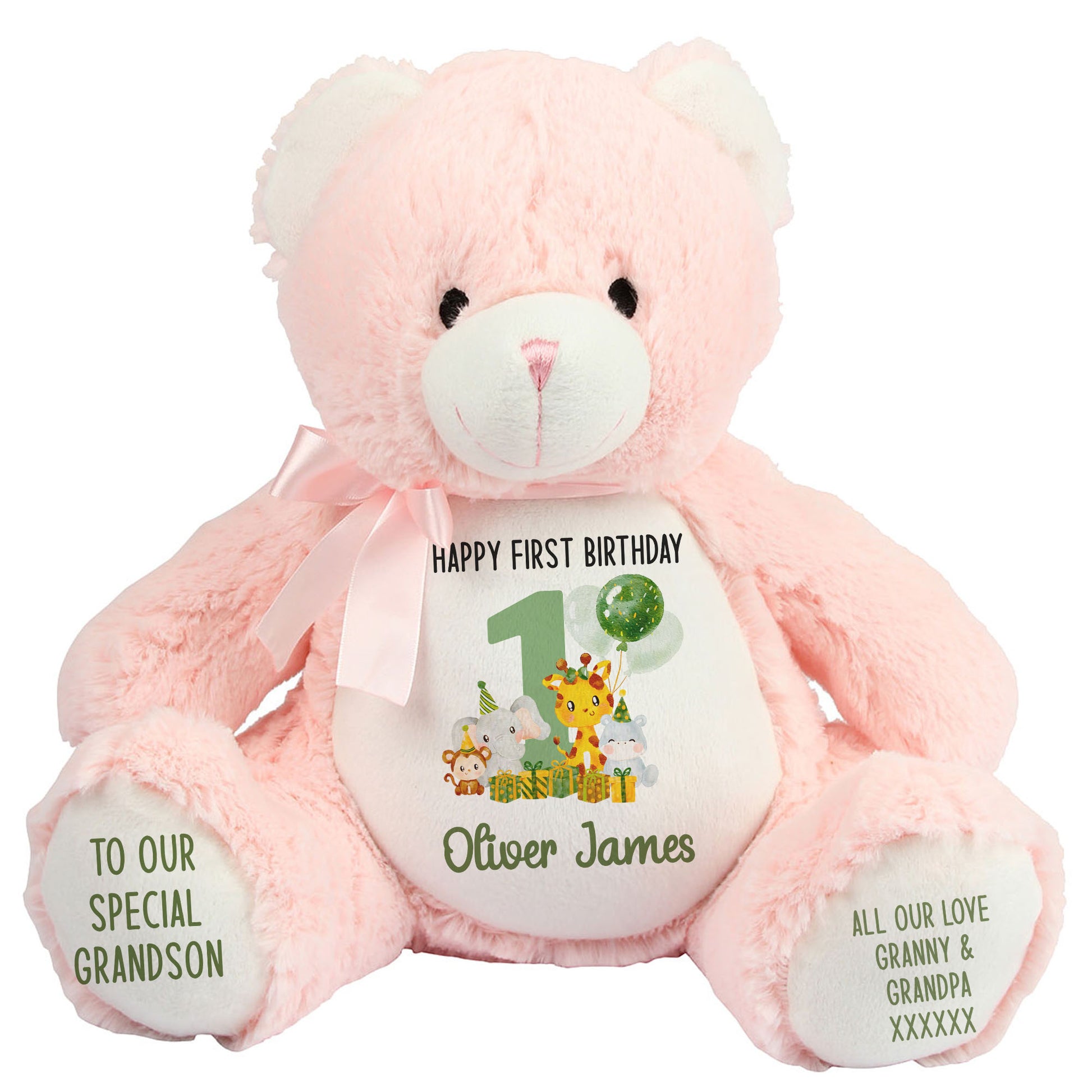 1st birthday green jungle party personalised teddy bear Pink Bear
