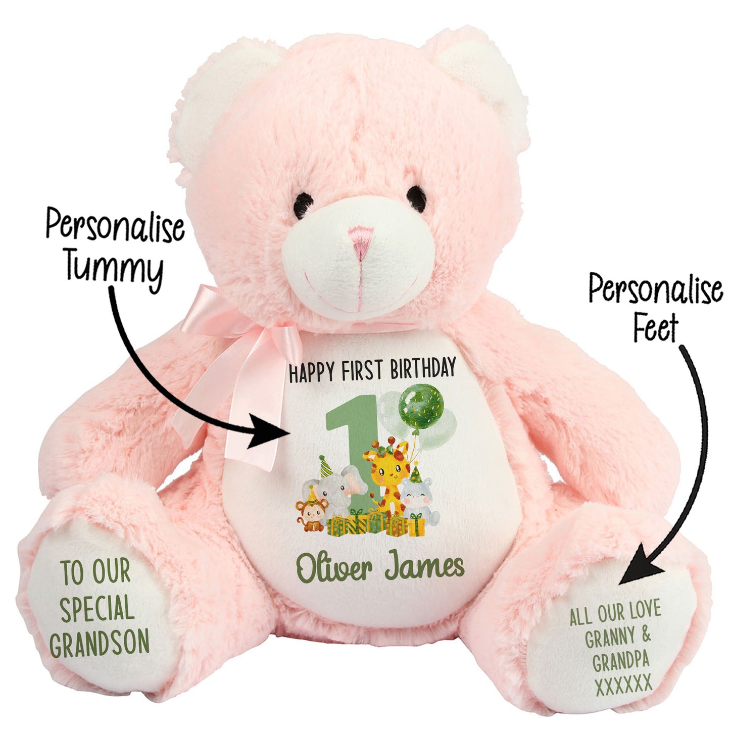 1st birthday green jungle party personalised teddy bear Pink Bear STOCK-PINK