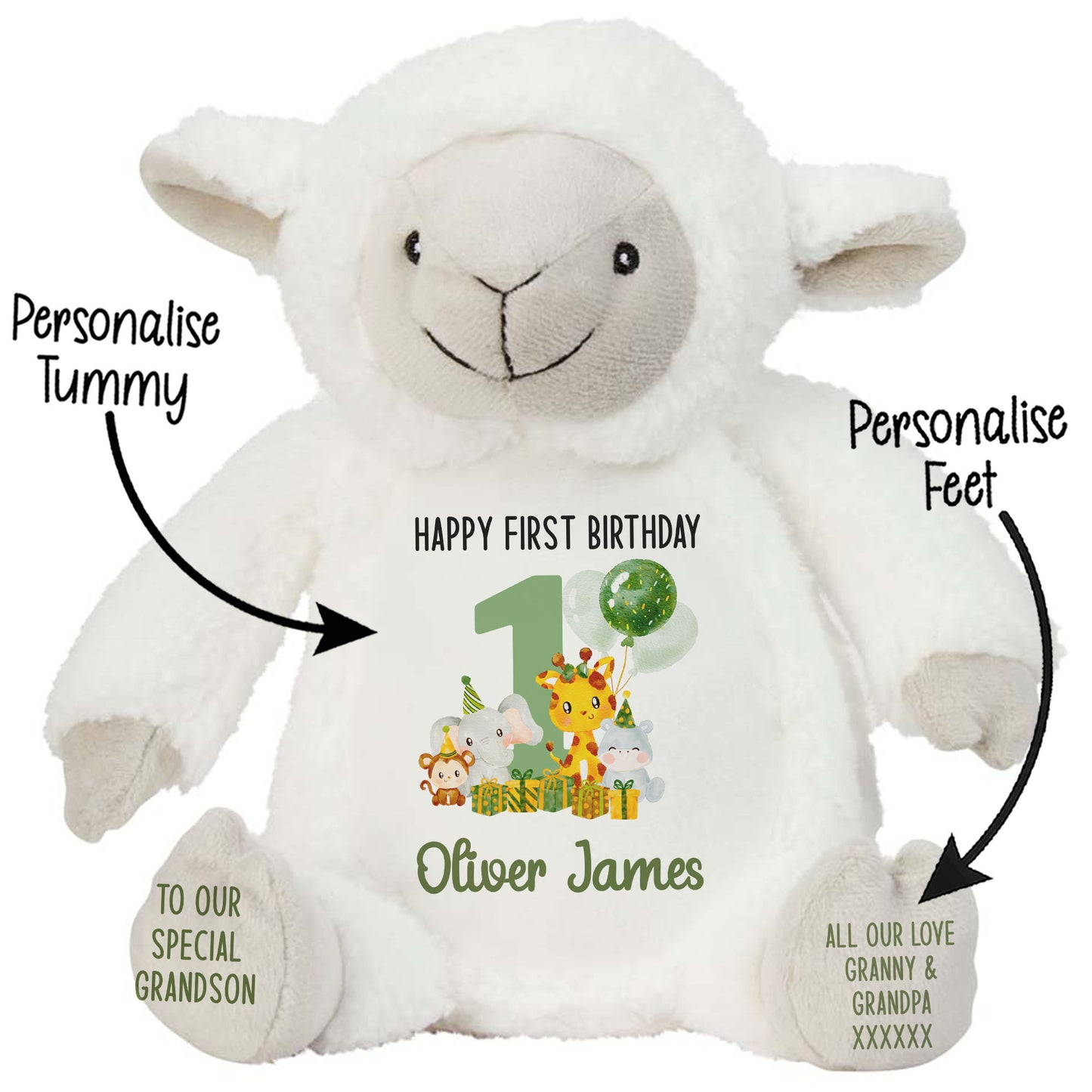 1st birthday green jungle party personalised teddy bear Lamb STOCK-LAMB
