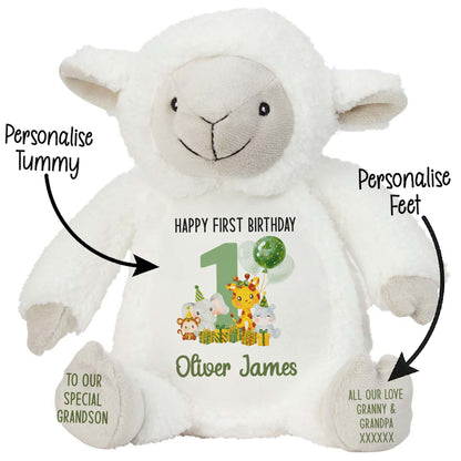 1st birthday green jungle party personalised teddy bear Lamb STOCK-LAMB