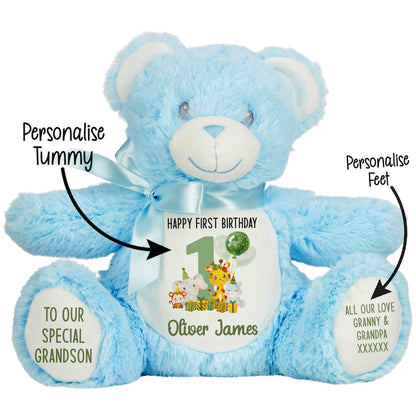 1st birthday green jungle party personalised teddy bear Blue Bear STOCK-BLUE