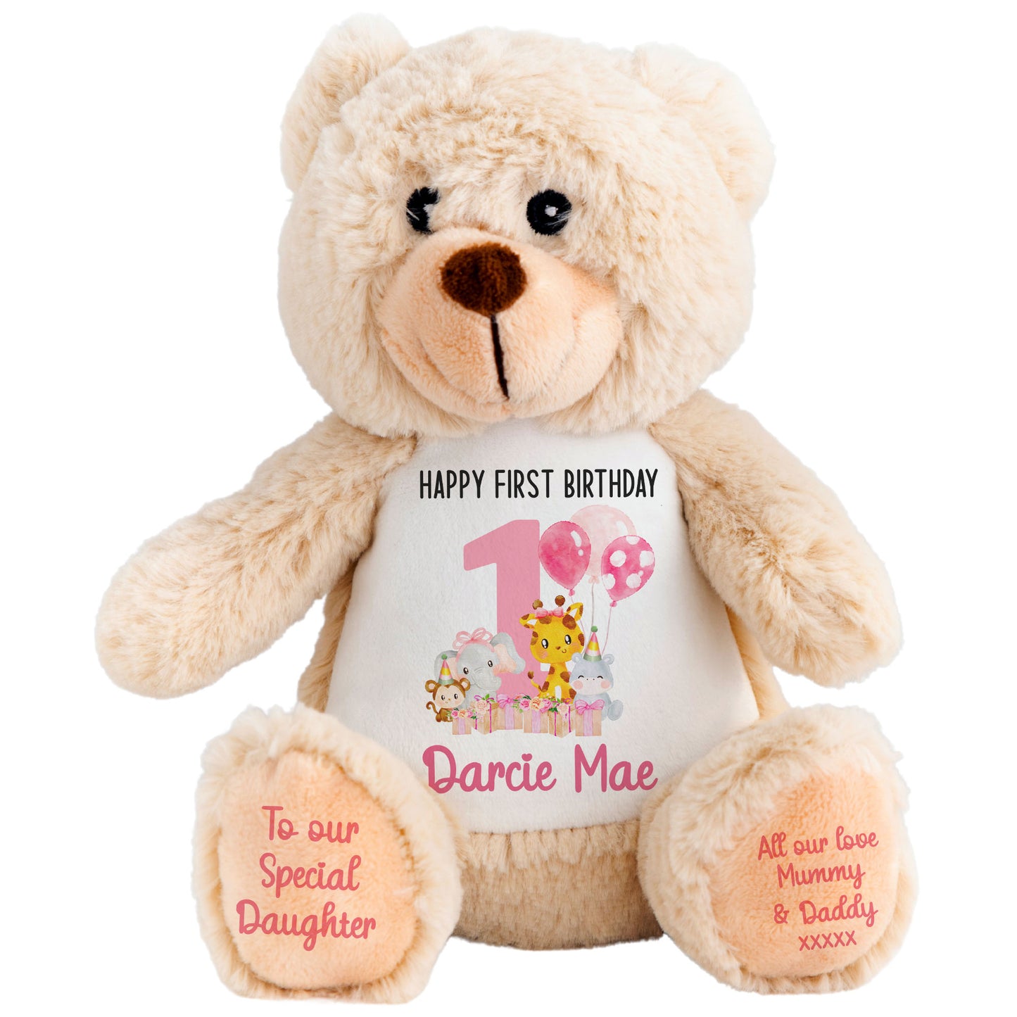 1st birthday pink safari party personalised teddy bears Brown Bear