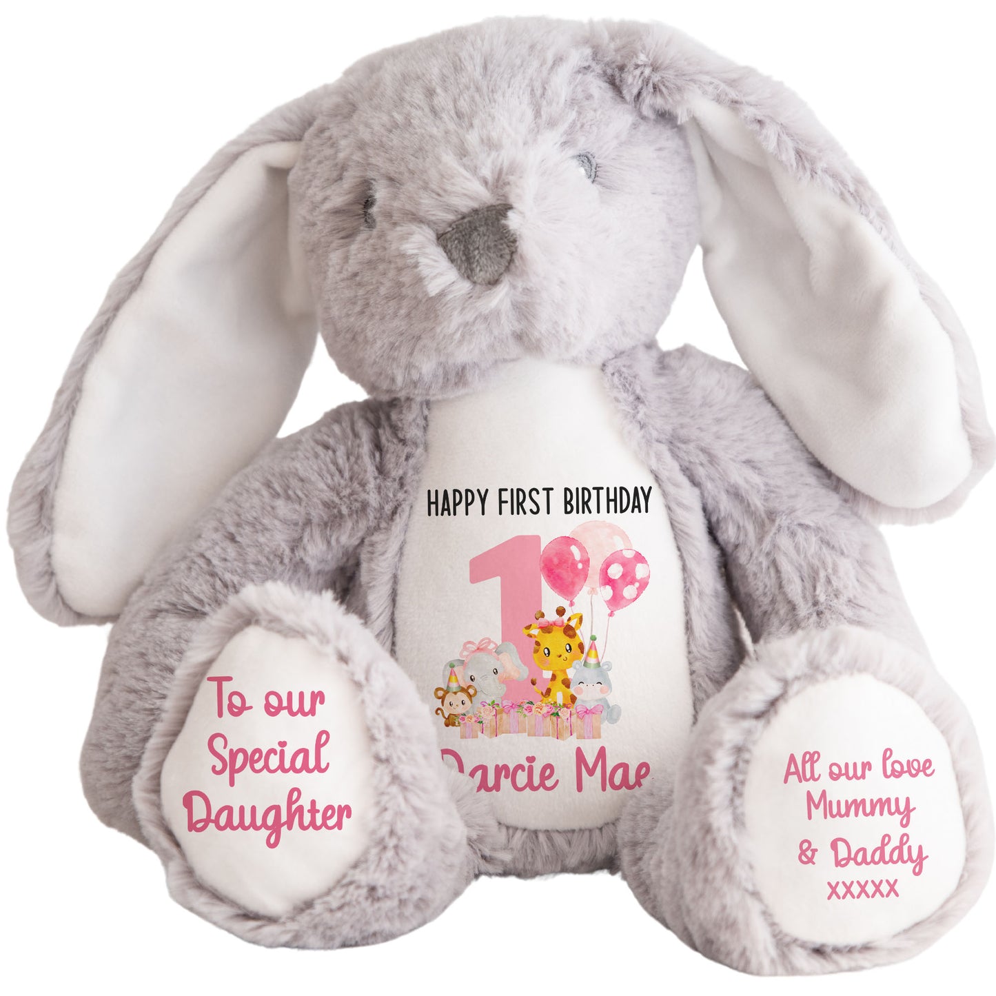 1st birthday pink safari party personalised teddy bears Grey Bunny