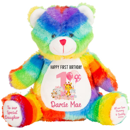 1st birthday pink safari party personalised teddy bears Rainbow Bear
