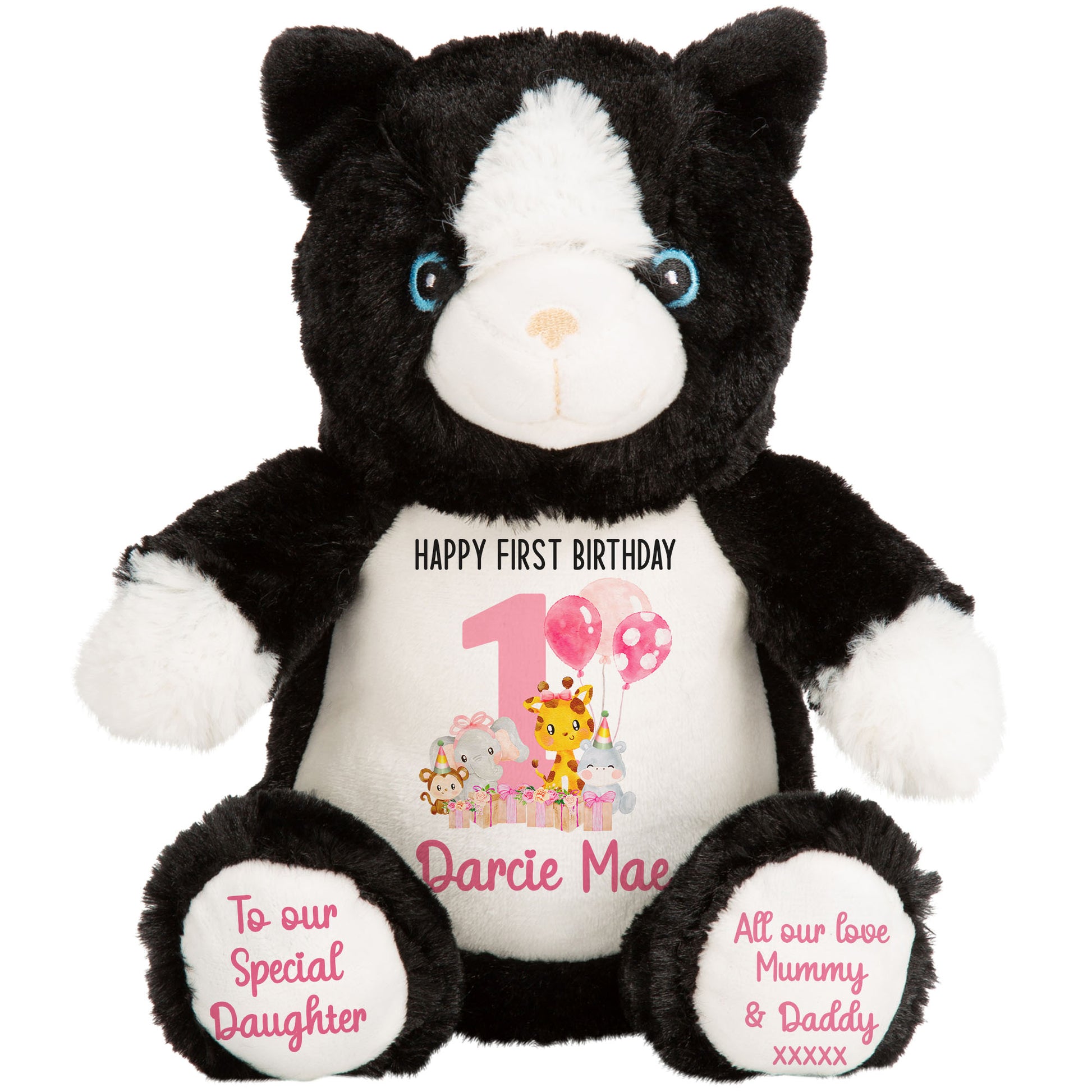 1st birthday pink safari party personalised teddy bears Cat