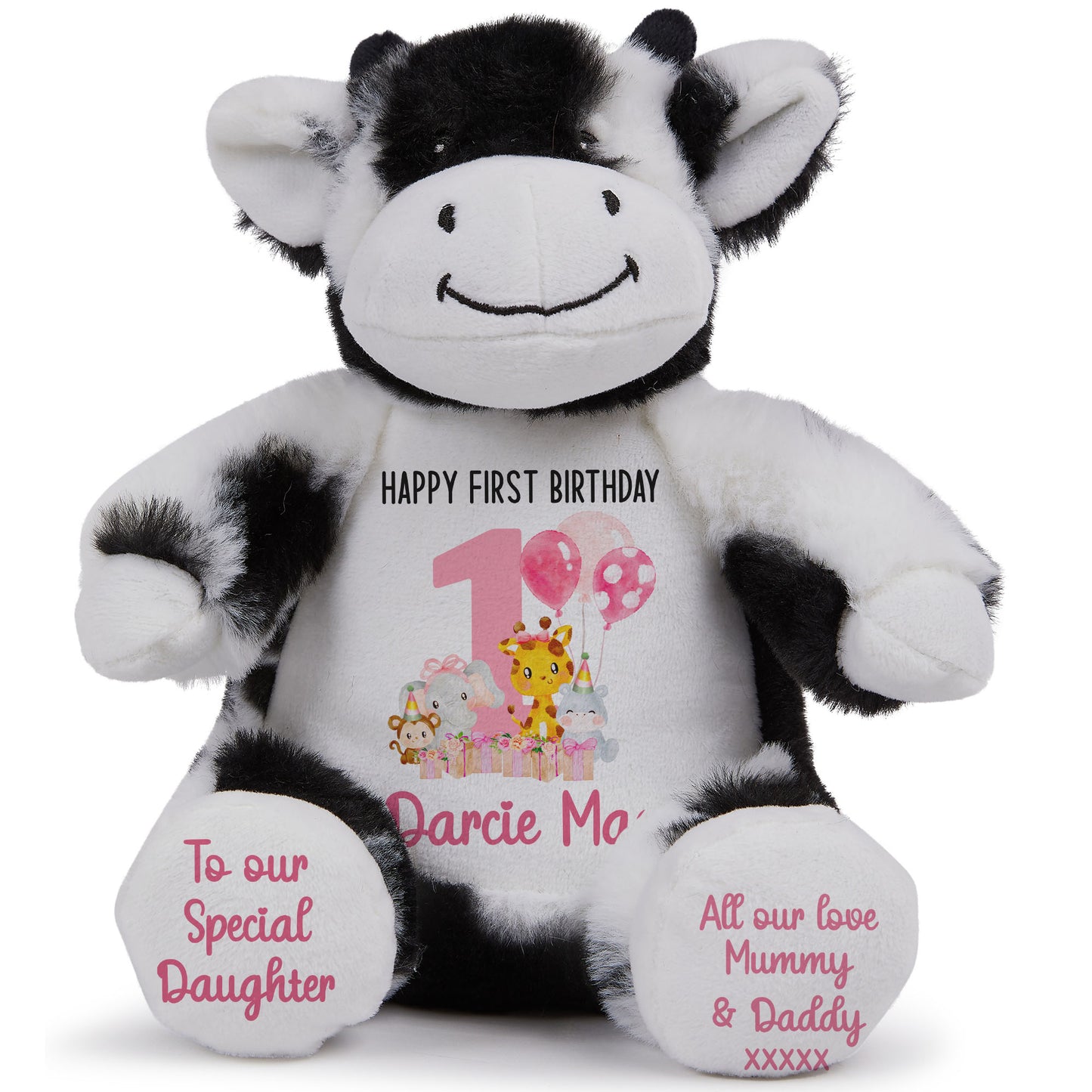1st birthday pink safari party personalised teddy bears Cow