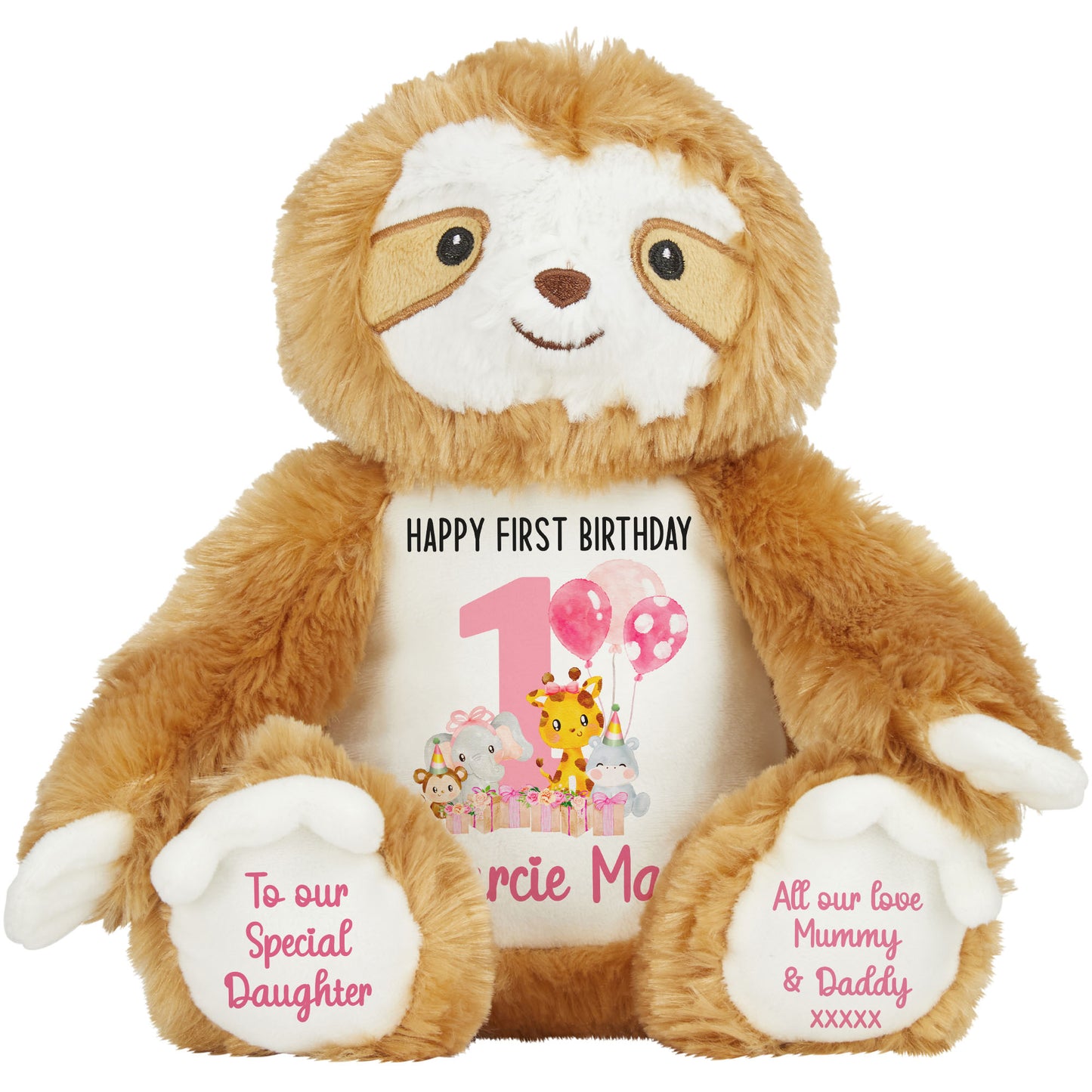 1st birthday pink safari party personalised teddy bears Sloth