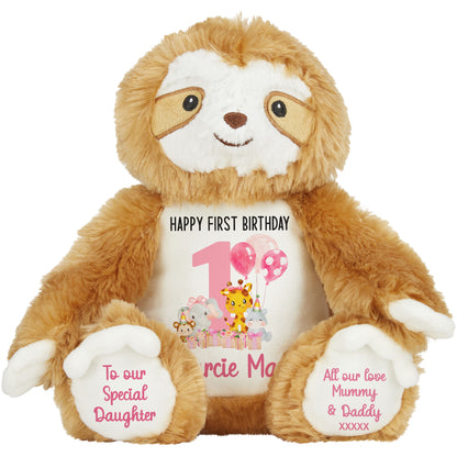 1st birthday pink safari party personalised teddy bears Sloth