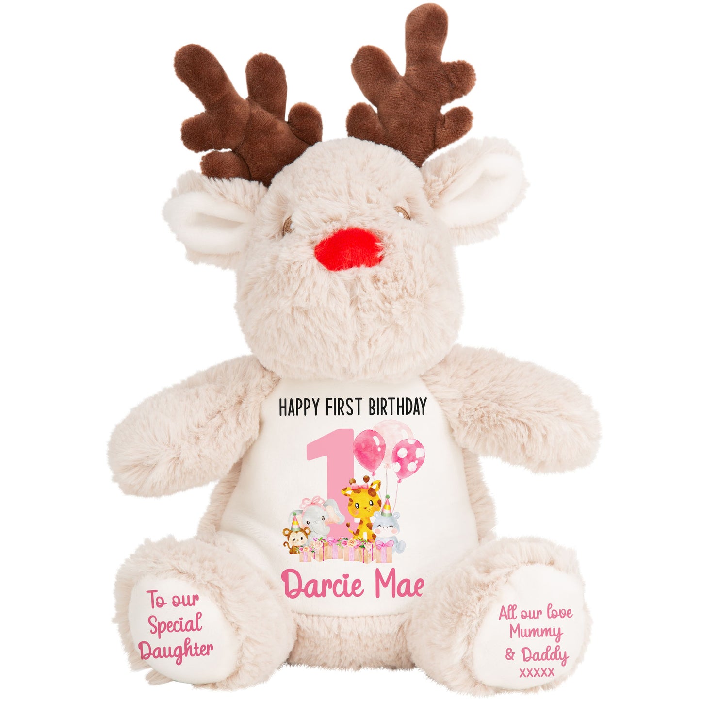 1st birthday pink safari party personalised teddy bears Reindeer