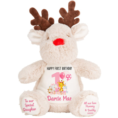 1st birthday pink safari party personalised teddy bears Reindeer