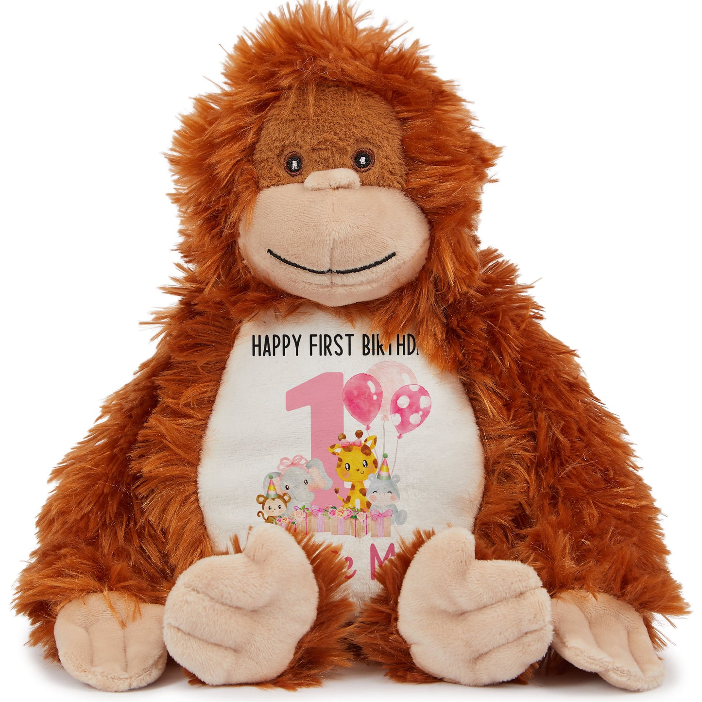 1st birthday pink safari party personalised teddy bears Orangutan