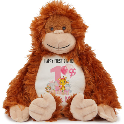 1st birthday pink safari party personalised teddy bears Orangutan