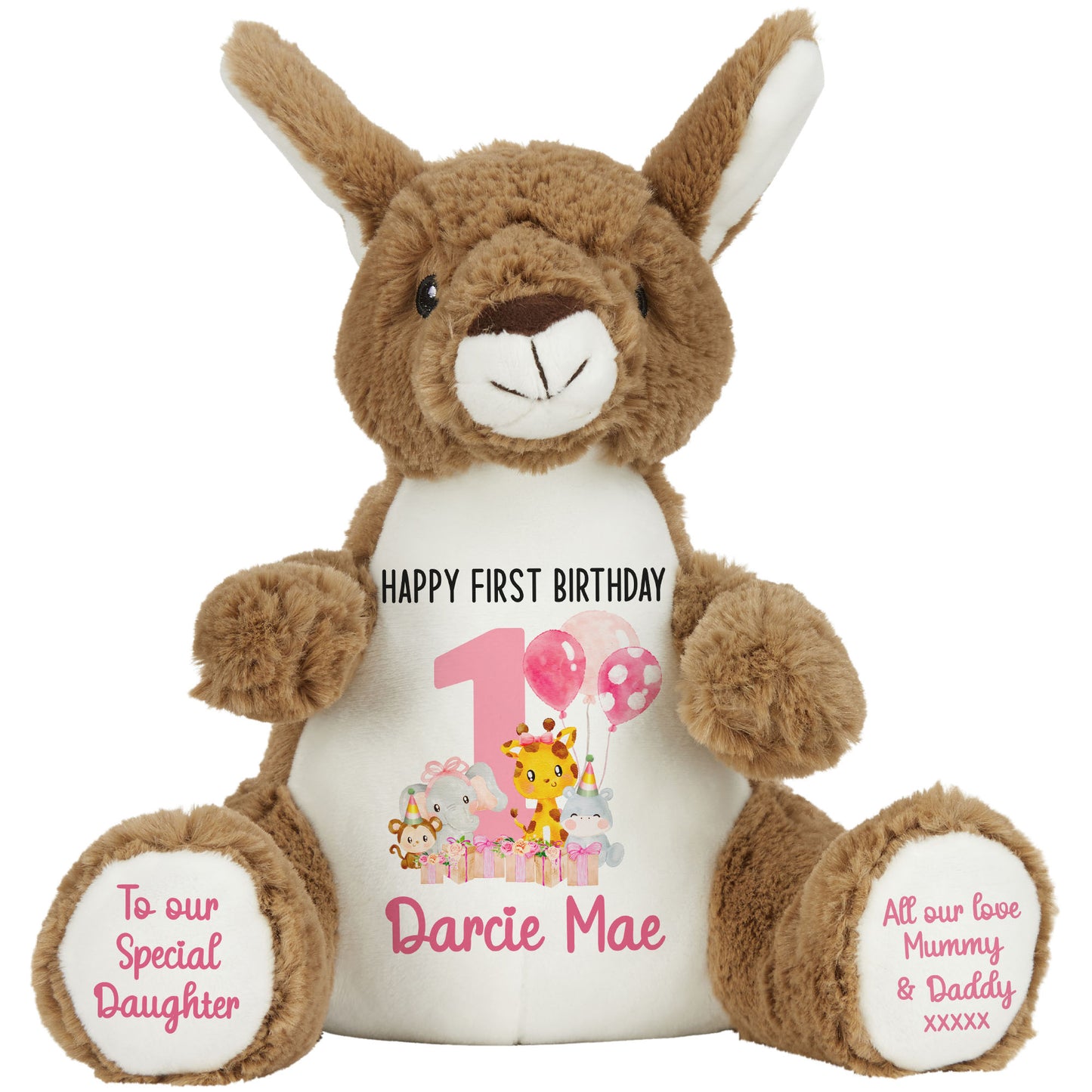 1st birthday pink safari party personalised teddy bears Kangaroo