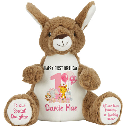 1st birthday pink safari party personalised teddy bears Kangaroo