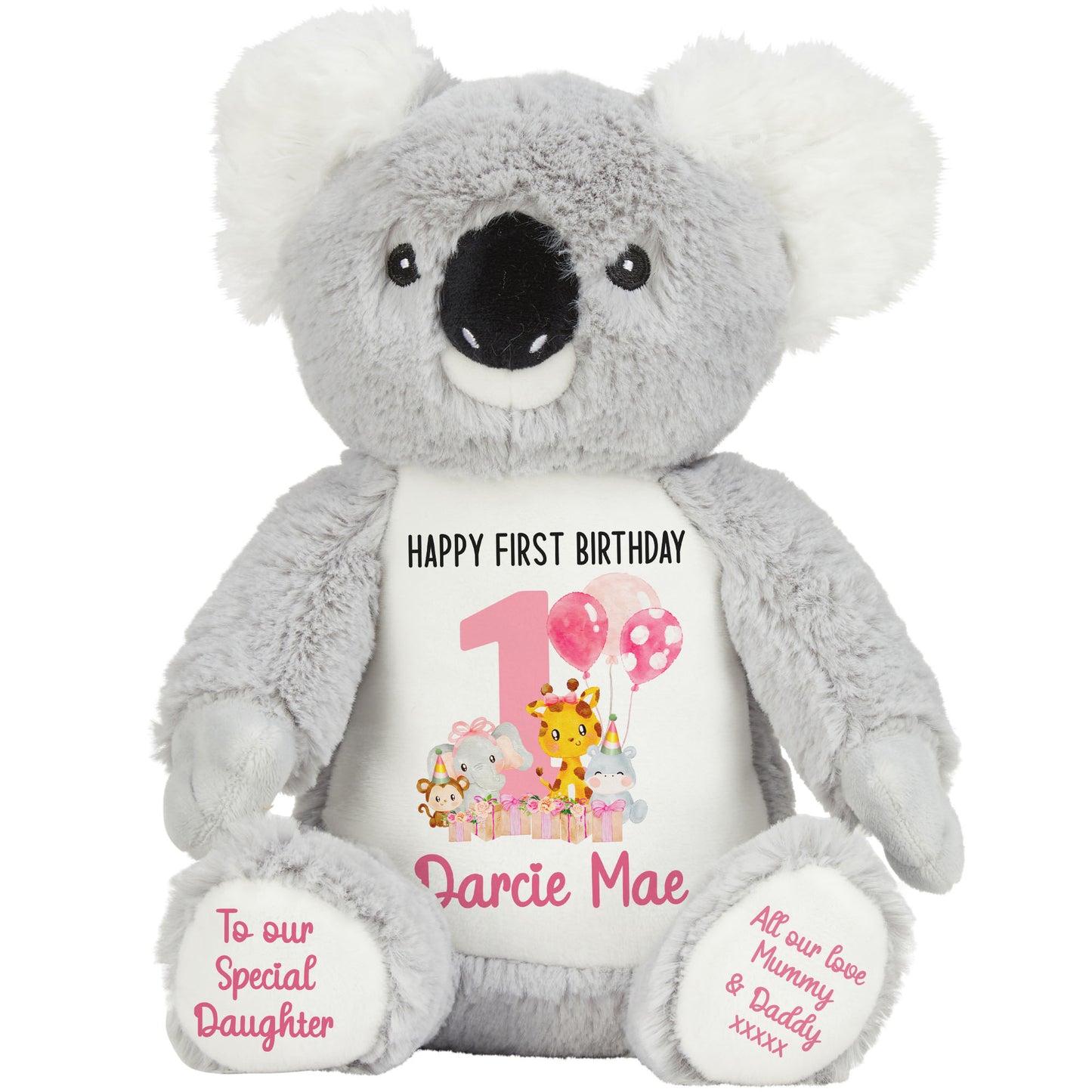 1st birthday pink safari party personalised teddy bears Koala