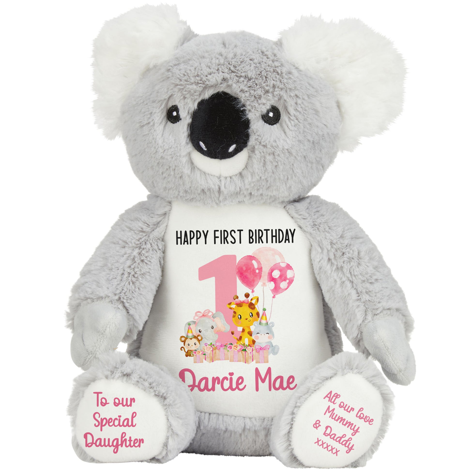 1st birthday pink safari party personalised teddy bears Koala