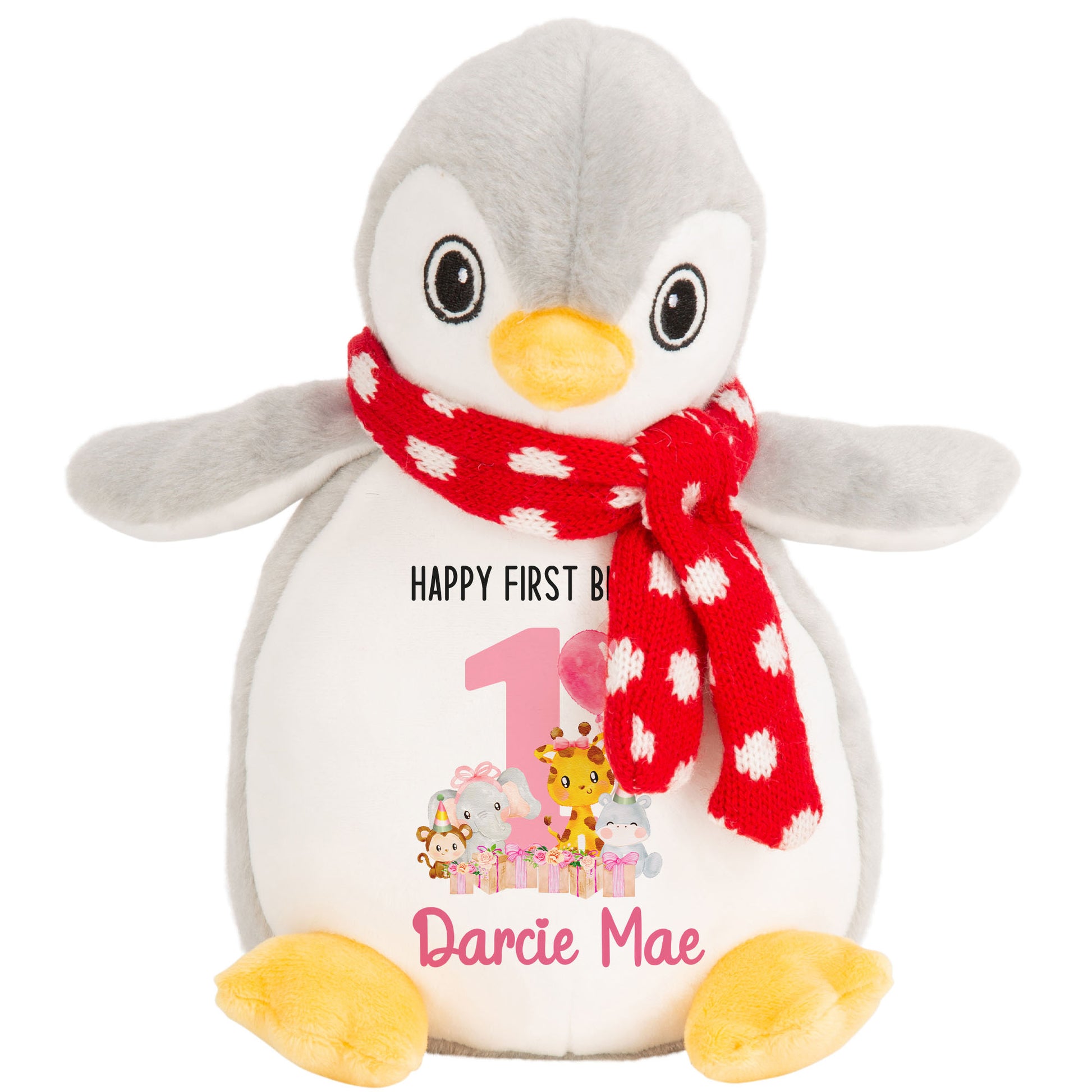 1st birthday pink safari party personalised teddy bears Penguin