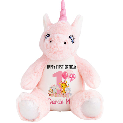1st birthday pink safari party personalised teddy bears Unicorn