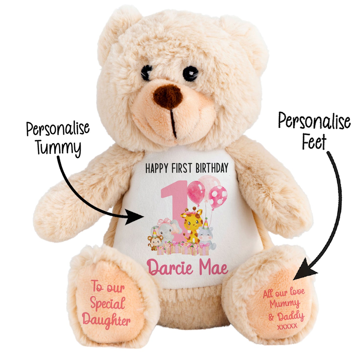 1st birthday pink safari party personalised teddy bears Brown Bear STOCK-BUNNY-BROWN