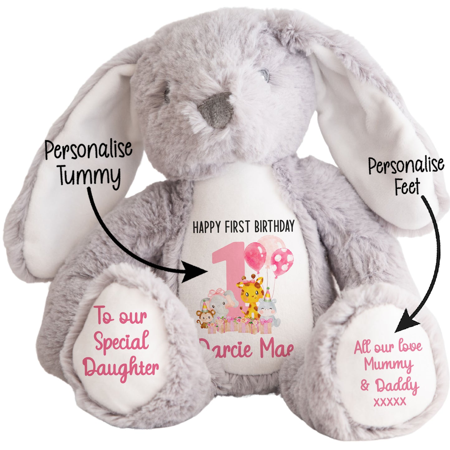 1st birthday pink safari party personalised teddy bears Grey Bunny STOCK-BUNNY-GREY