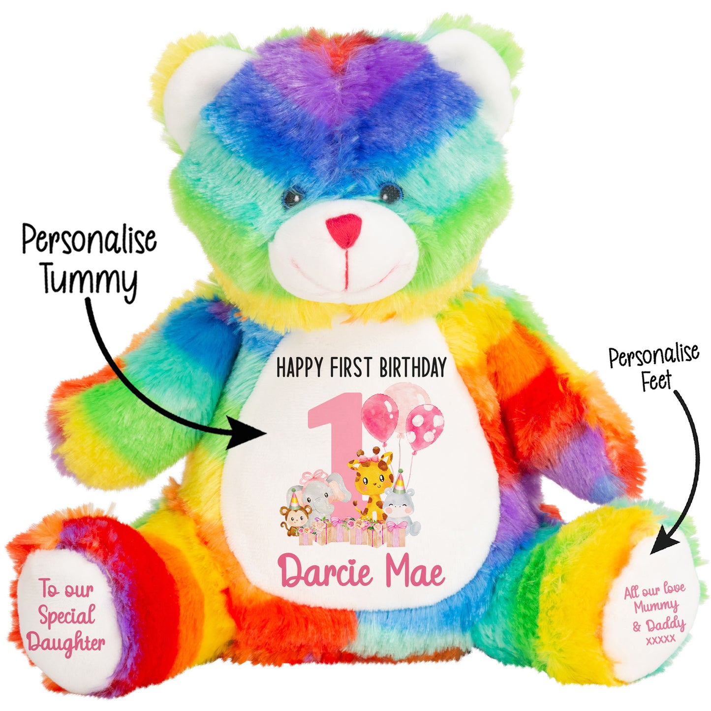 1st birthday pink safari party personalised teddy bears Rainbow Bear STOCK-RAINBOW